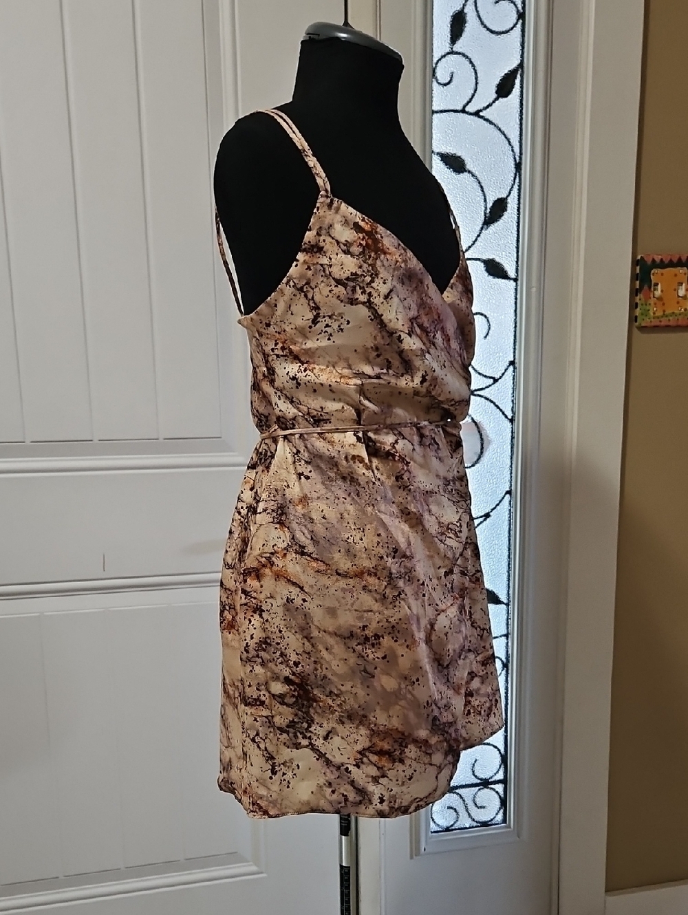 Zara Beige Marble Print Sateen Wrap Mini Dress XS W/ Double Spaghetti Straps - Picture 3 of 13